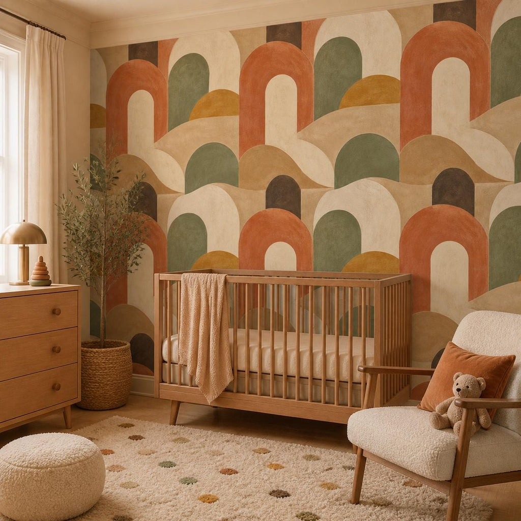 Peel and stick arch wallpaper roll laid flat showing full repeat of 70s geometric terracotta pattern