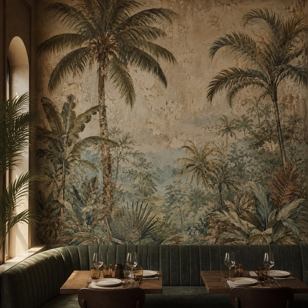 Vintage tropical wallpaper featuring moody palm tree fresco design with lush jungle botanical wall mural in earthy tones