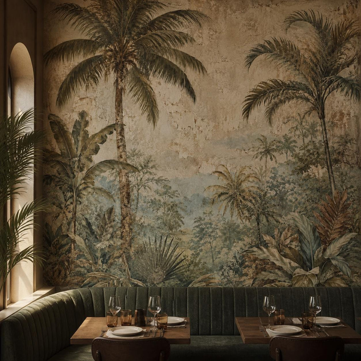 Vintage tropical wallpaper featuring moody palm tree fresco design with lush jungle botanical wall mural in earthy tones