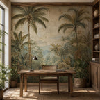 Close view of old world botanical palm tree mural wallpaper showing rich vintage jungle wall texture and color depth