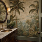 Moody tropical wallpaper panel with layered palm fronds and aged fresco finish for maximalist wall decor