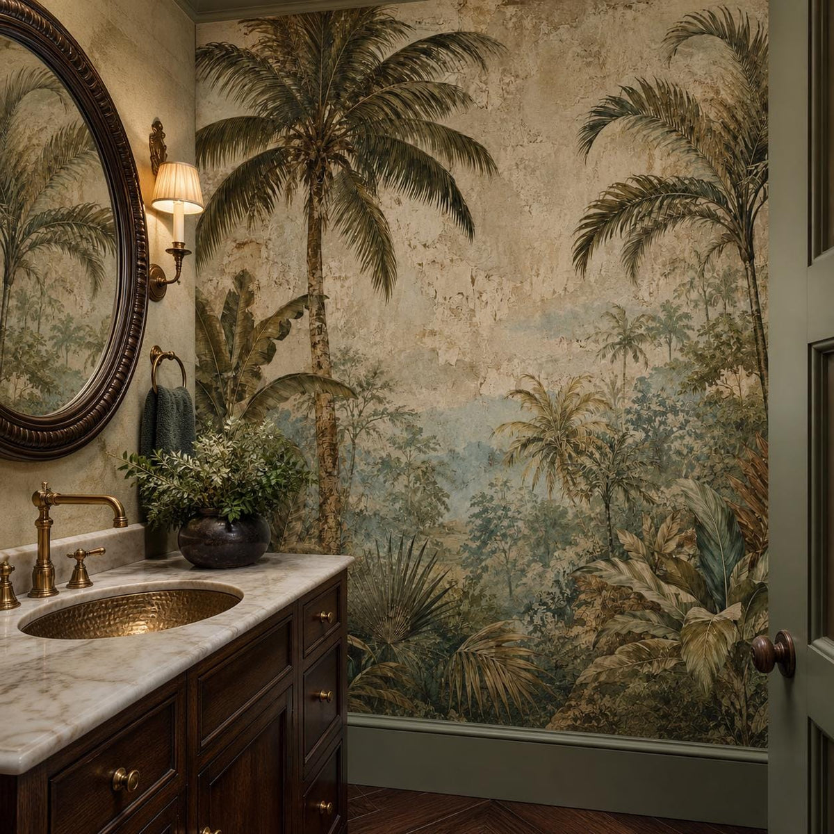 Moody tropical wallpaper panel with layered palm fronds and aged fresco finish for maximalist wall decor