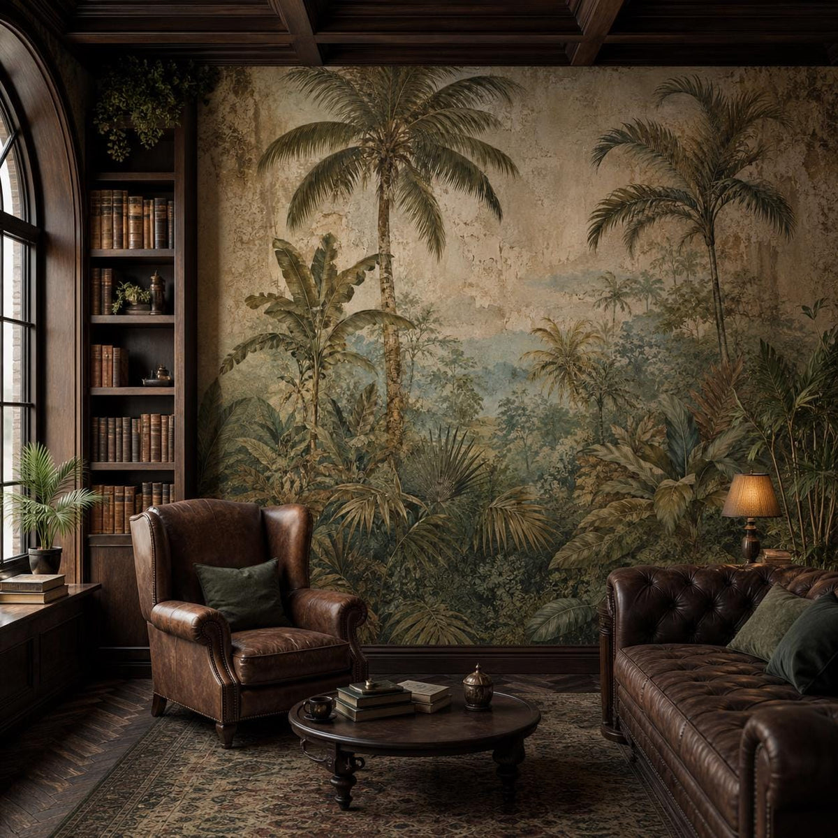 Scale chart showing tropical wallpaper panel dimensions and repeat pattern measurements for planning your jungle wall
