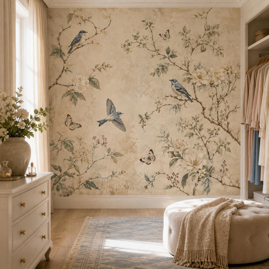 Peel and stick bluebird wallpaper with delicate butterfly accents and antique botanical illustrations on cream background