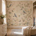 Peel and stick bluebird wallpaper with delicate butterfly accents and antique botanical illustrations on cream background