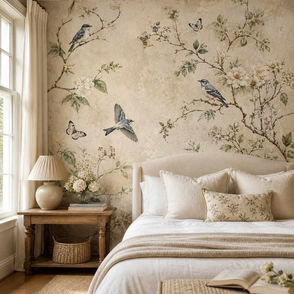 Cottagecore bedroom wall mural with bluebirds perched among wildflowers and fluttering butterflies in vintage style