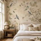 Cottagecore bedroom wall mural with bluebirds perched among wildflowers and fluttering butterflies in vintage style