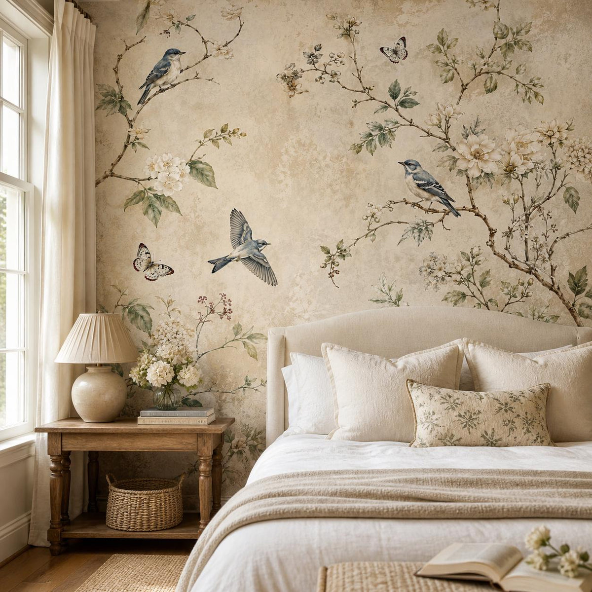Cottagecore bedroom wall mural with bluebirds perched among wildflowers and fluttering butterflies in vintage style