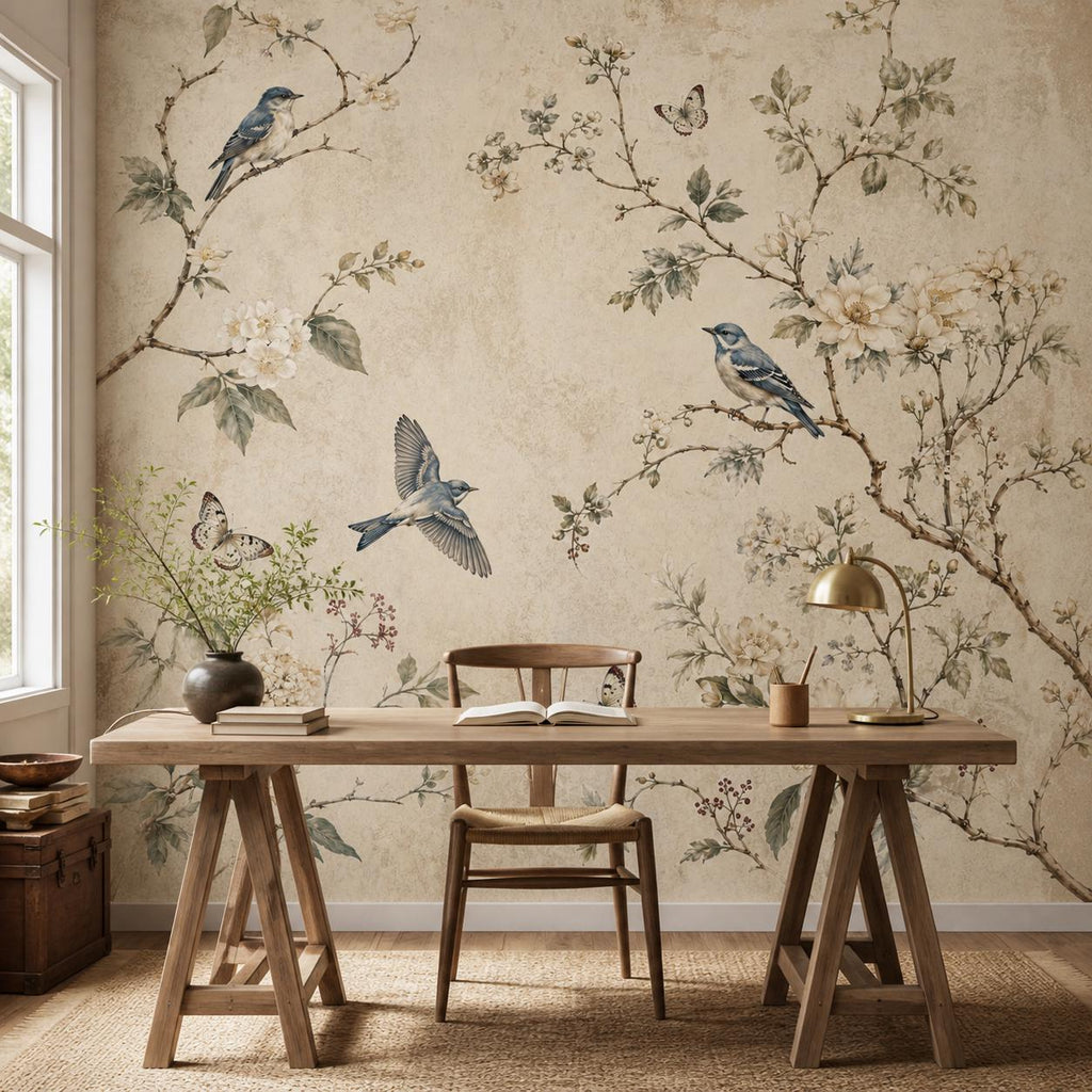 Living room accent wall with vintage botanical bird mural in soft romantic tones perfect for English country decor
