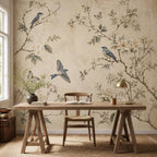 Living room accent wall with vintage botanical bird mural in soft romantic tones perfect for English country decor