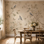 Nursery wallpaper featuring sweet bluebirds and butterflies among botanical blooms in a soft cottagecore palette