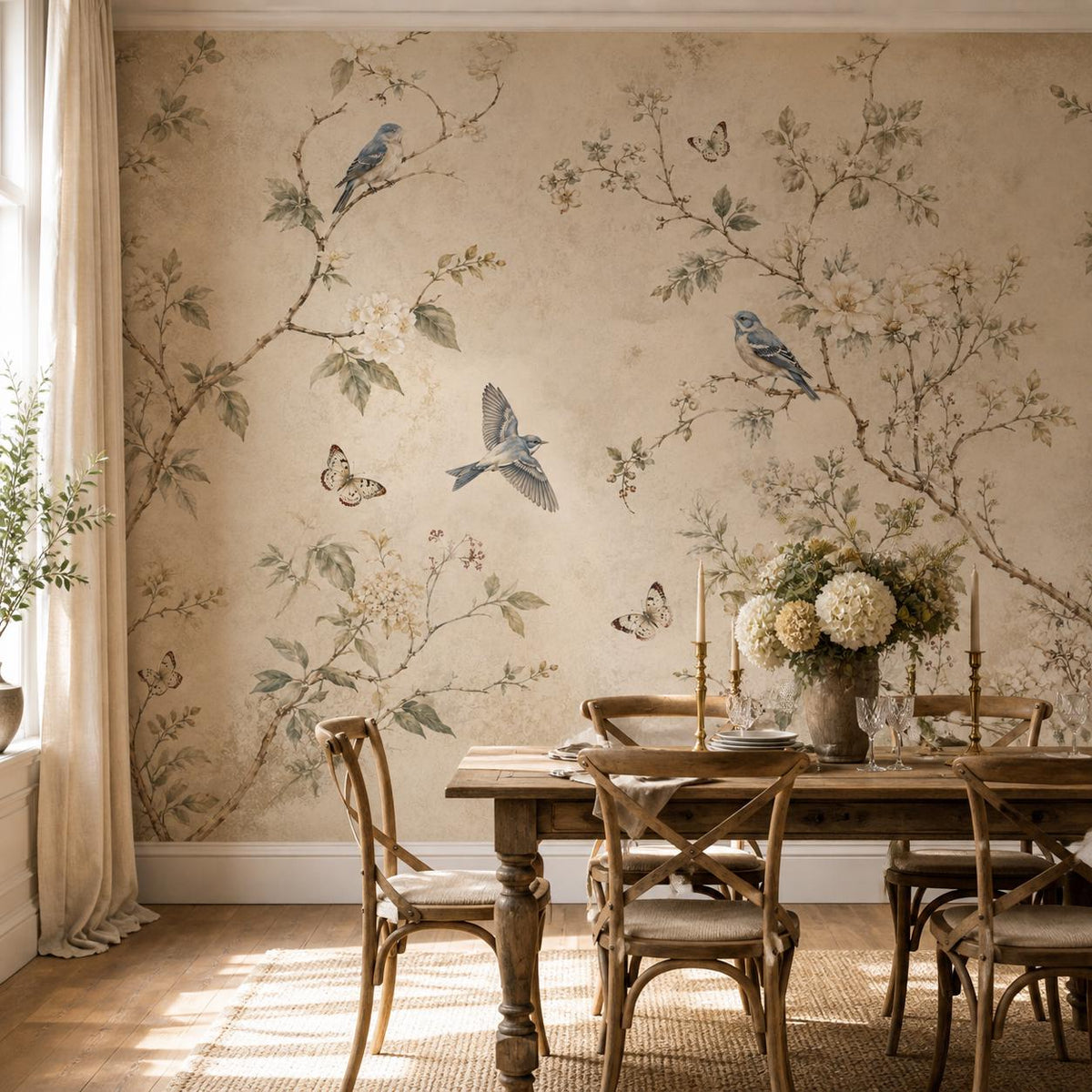 Nursery wallpaper featuring sweet bluebirds and butterflies among botanical blooms in a soft cottagecore palette