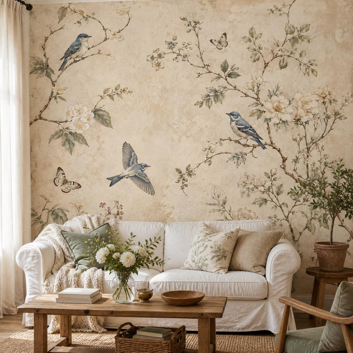 Romantic wallpaper panel with full bluebird botanical mural installed in cozy bedroom with cottagecore styling