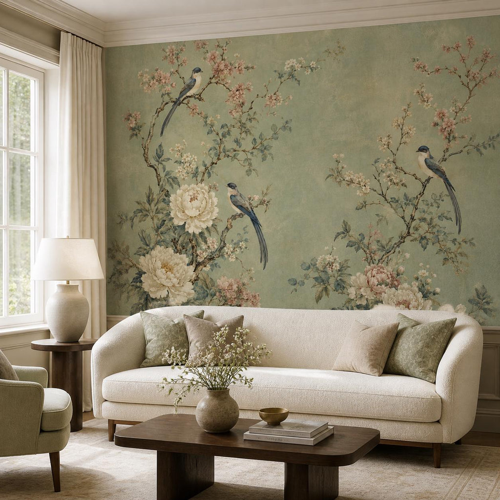 Sage chinoiserie wallpaper featuring delicate birds and peony blooms in a soft green floral mural design