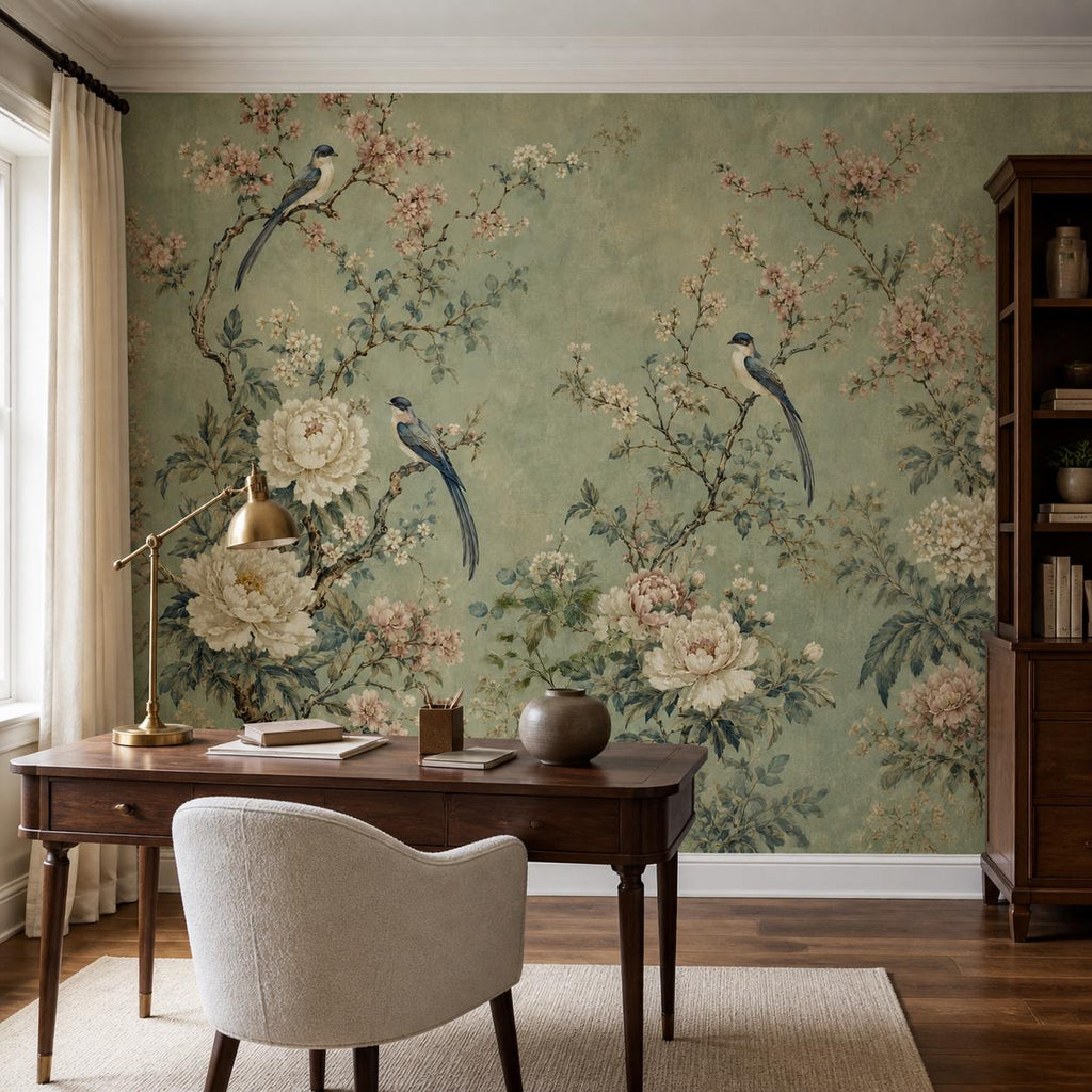 Close-up of green floral wallpaper showing intricate chinoiserie birds perched among blooming peony flowers