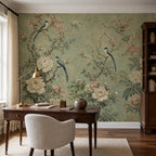 Close-up of green floral wallpaper showing intricate chinoiserie birds perched among blooming peony flowers