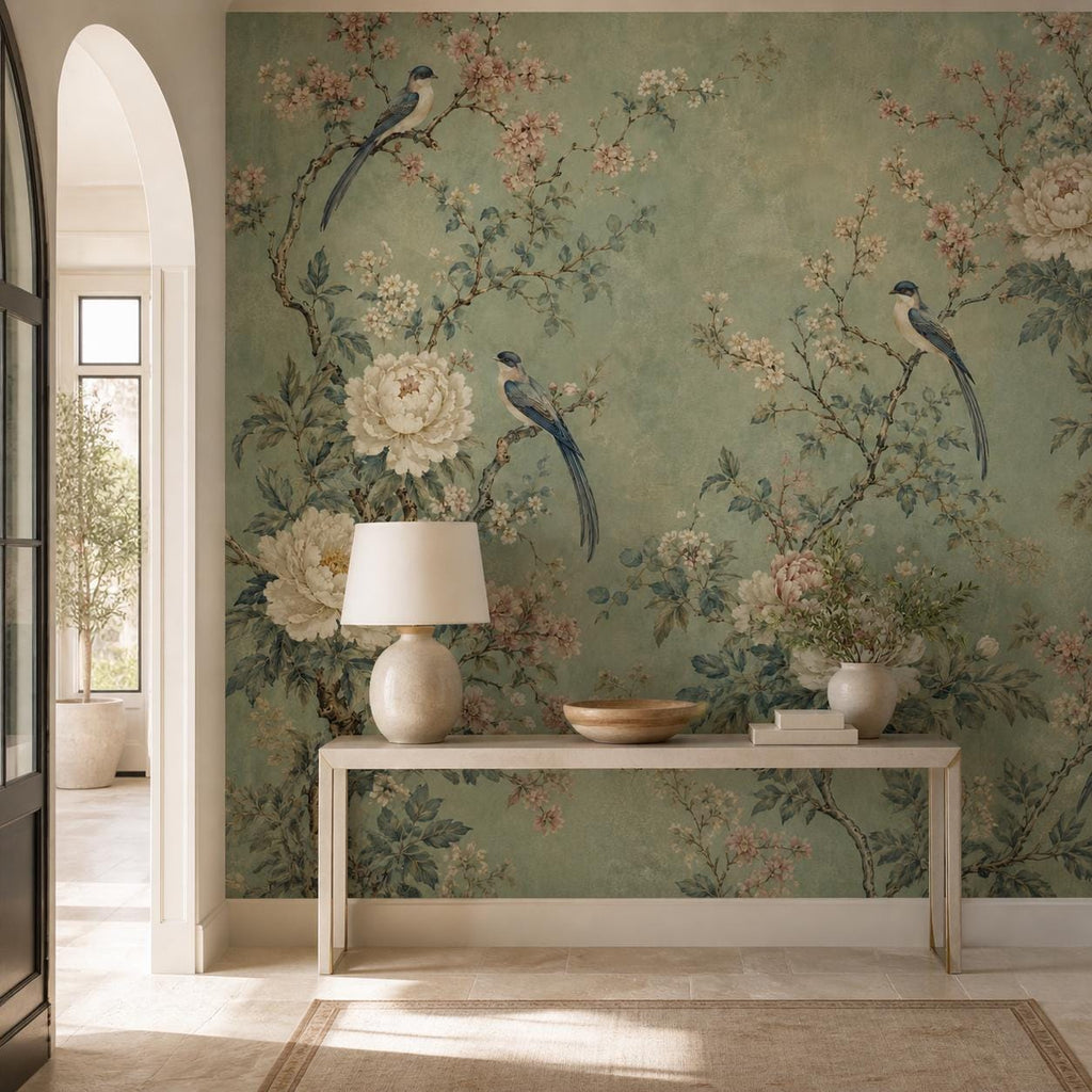 Asian inspired wall mural with vintage chinoiserie birds and sage green peony motifs on a light background