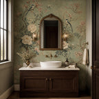 Living room feature wall with elegant chinoiserie birds and green floral mural creating a vintage focal point