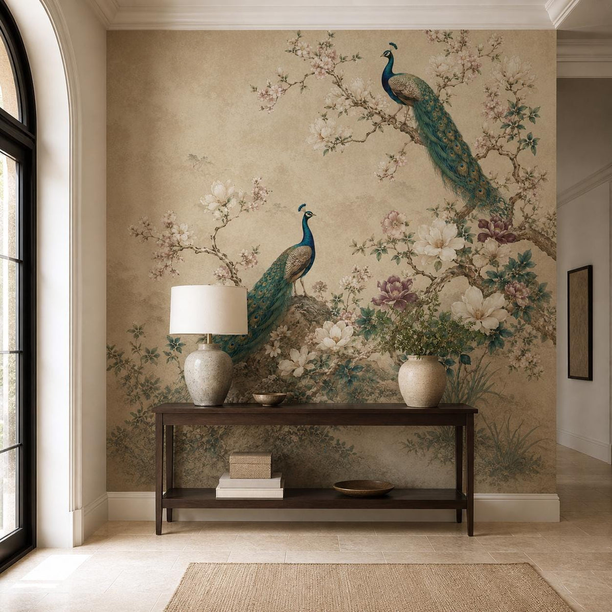 Bedroom accent wall covered in luxury bird floral mural with peacocks and blossoming magnolia in asian wall decor style