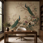 Peel and stick peacock wallpaper panel laid flat showing full repeat pattern of magnolia blooms and exotic teal birds