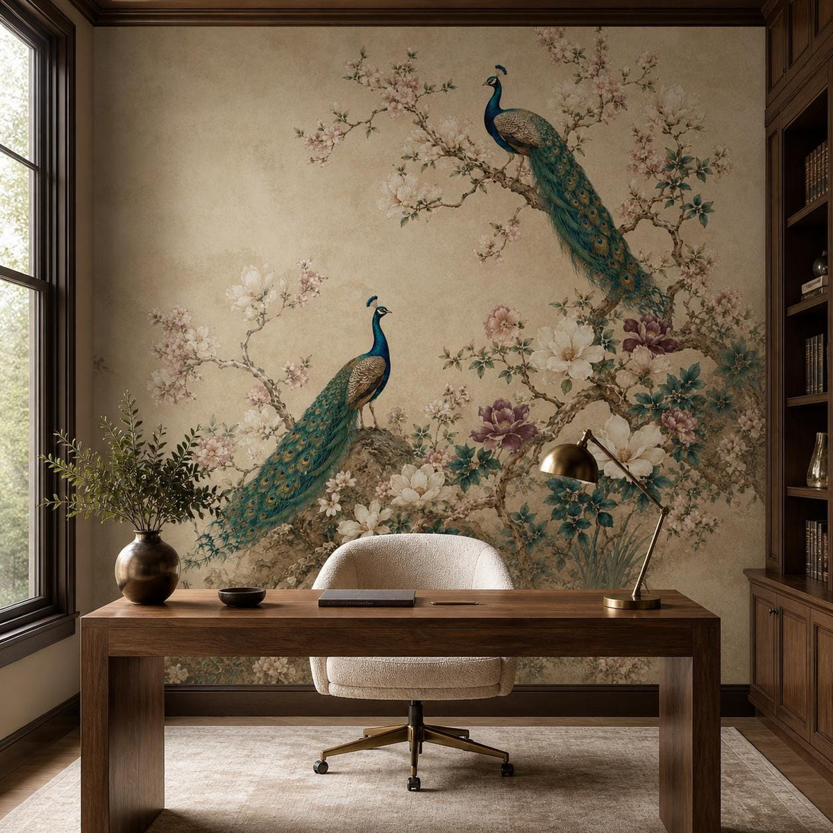 Peel and stick peacock wallpaper panel laid flat showing full repeat pattern of magnolia blooms and exotic teal birds