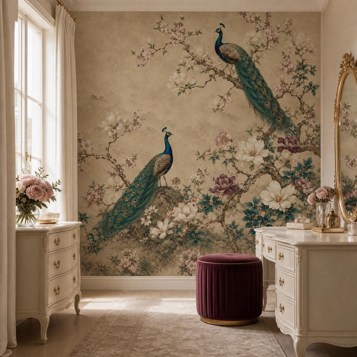 Size and scale chart for chinoiserie magnolia wallpaper showing panel dimensions and full mural coverage layout