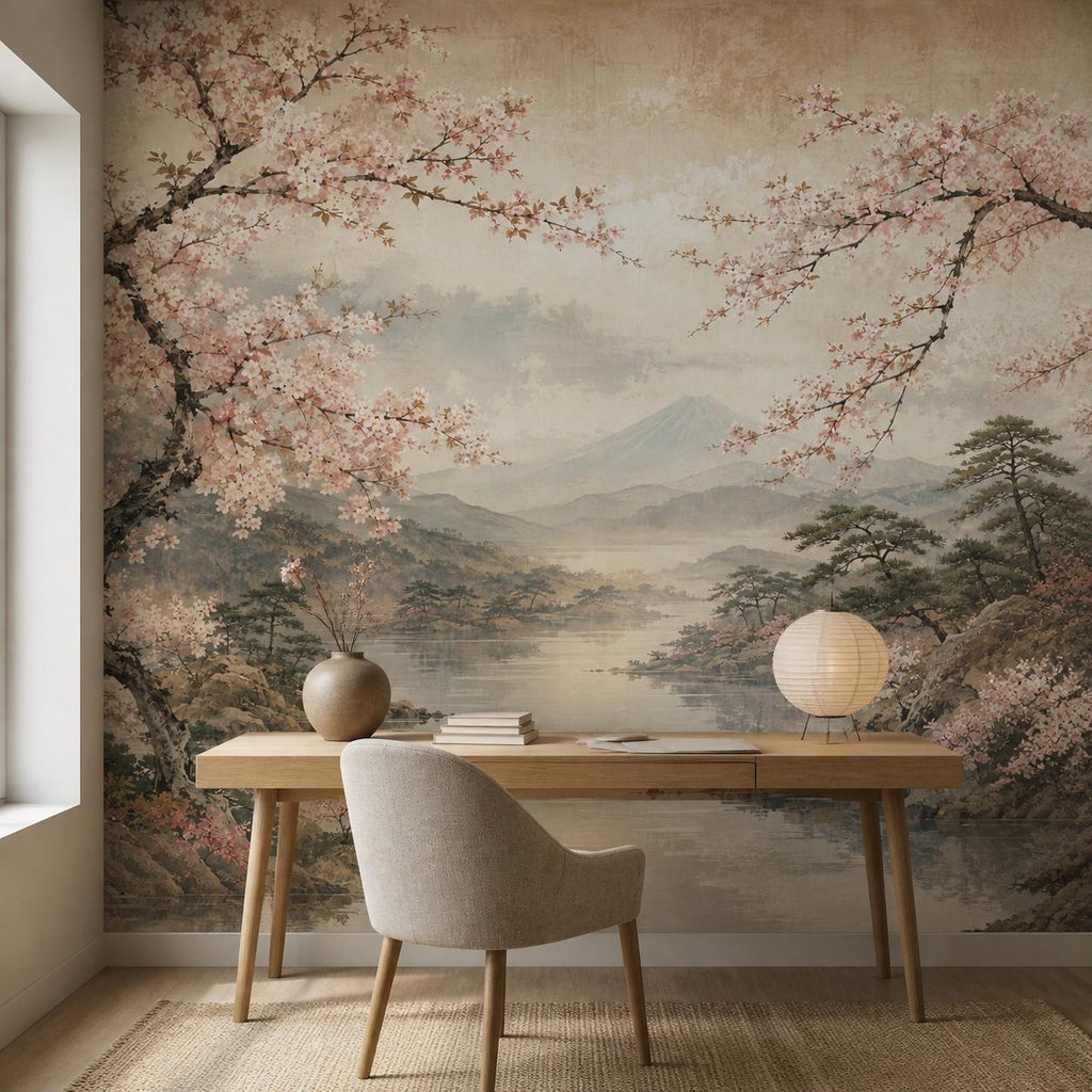 Dining area with asian landscape wallpaper showing cherry blossoms and calm lake reflecting Mount Fuji scenery