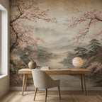 Dining area with asian landscape wallpaper showing cherry blossoms and calm lake reflecting Mount Fuji scenery
