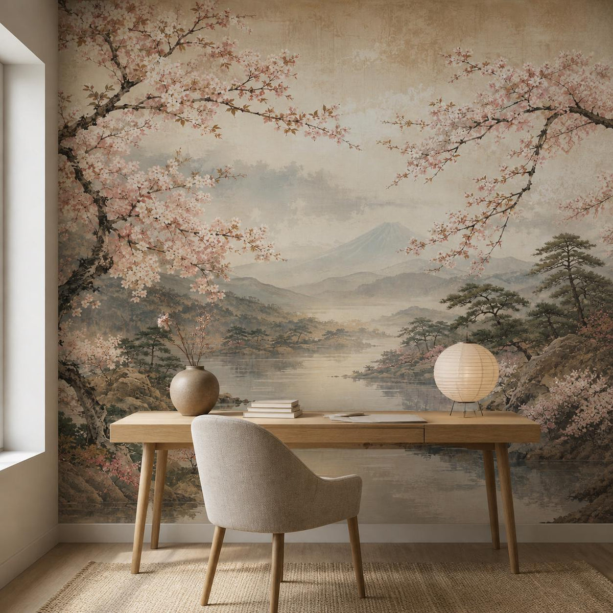 Dining area with asian landscape wallpaper showing cherry blossoms and calm lake reflecting Mount Fuji scenery