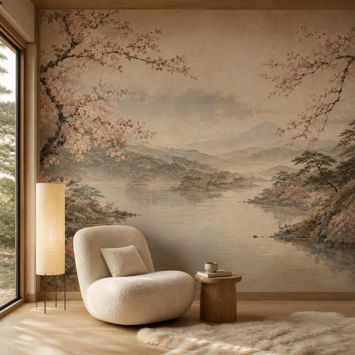 Full width scenic wallpaper layout showing complete japandi landscape with Mount Fuji, lake, and sakura trees
