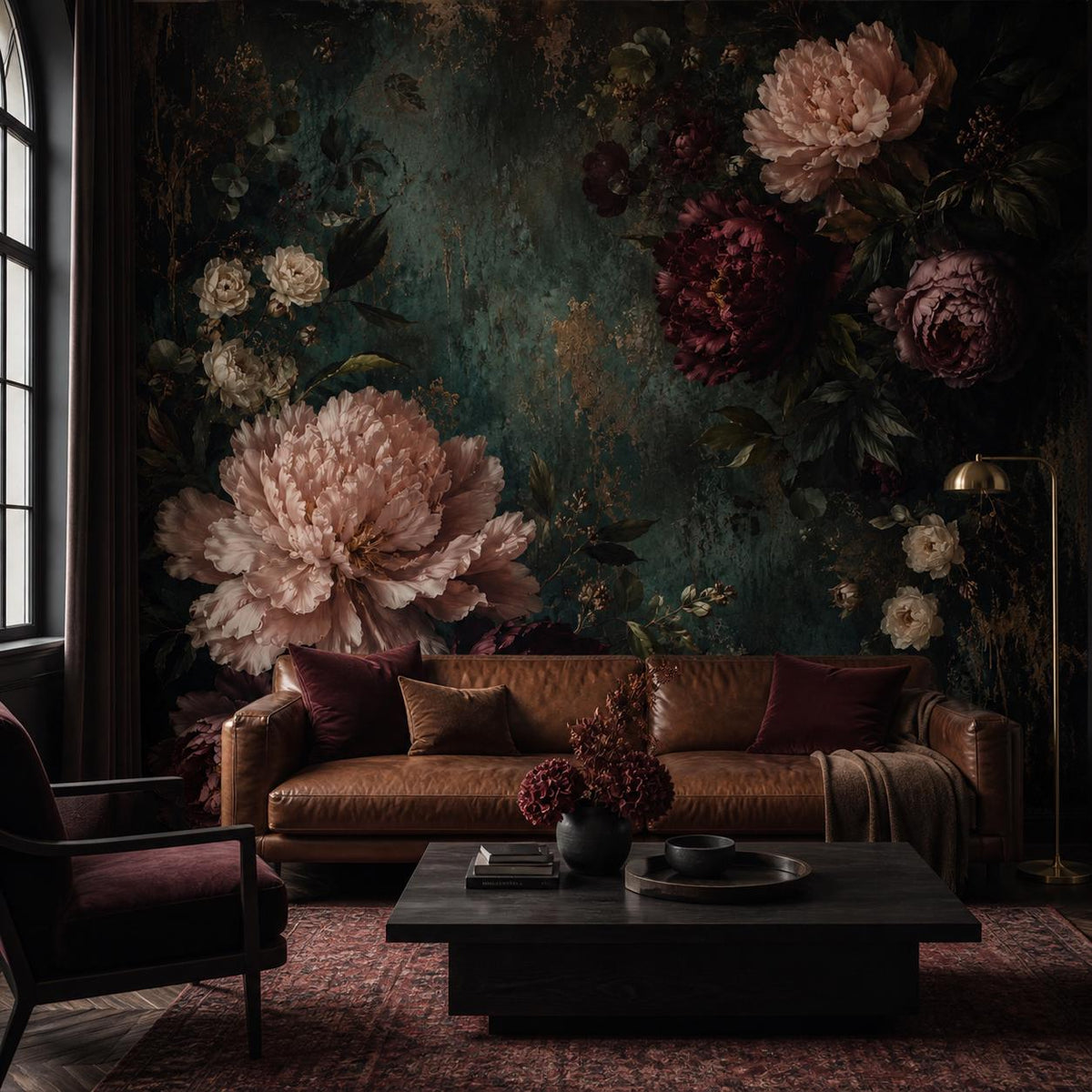 Moody peony wallpaper close-up showing rich burgundy floral clusters against aged dark green foliage