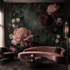 Close-up texture of dark floral wall mural showing intricate aged green leaves and layered peony petals