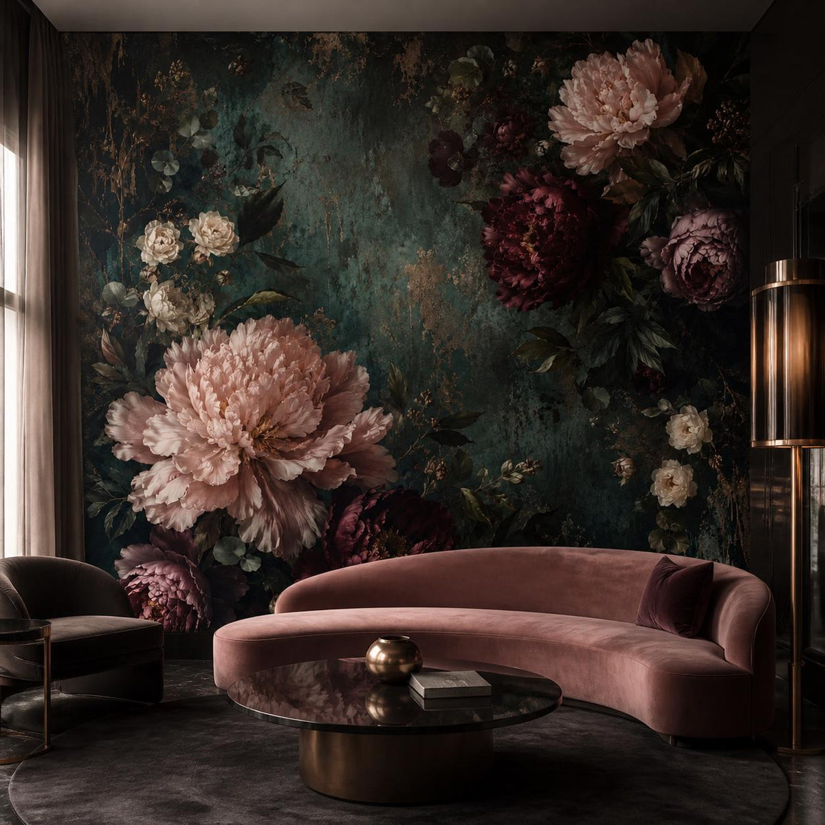 Close-up texture of dark floral wall mural showing intricate aged green leaves and layered peony petals
