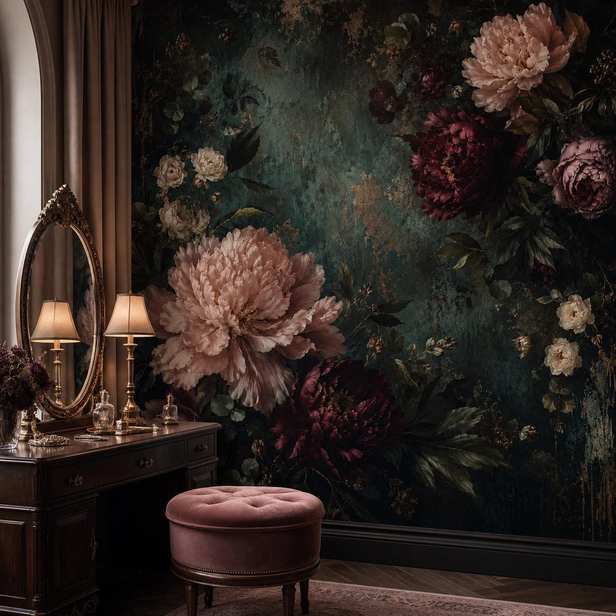 Maximalist decor bathroom featuring teal botanical peel and stick wallpaper with vintage moody florals