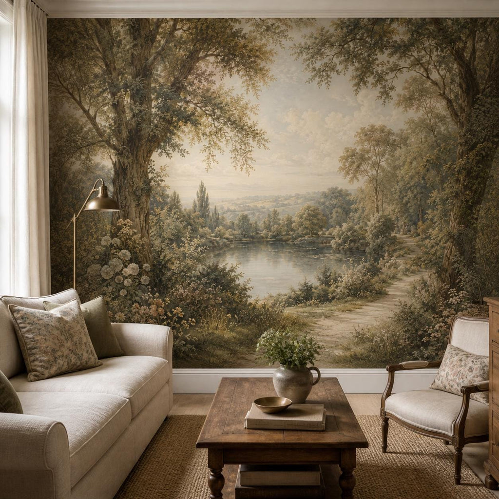 English country wallpaper featuring a vintage lake garden mural with pastoral landscape and soft cottagecore tones