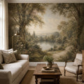 English country wallpaper featuring a vintage lake garden mural with pastoral landscape and soft cottagecore tones
