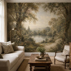English country wallpaper featuring a vintage lake garden mural with pastoral landscape and soft cottagecore tones