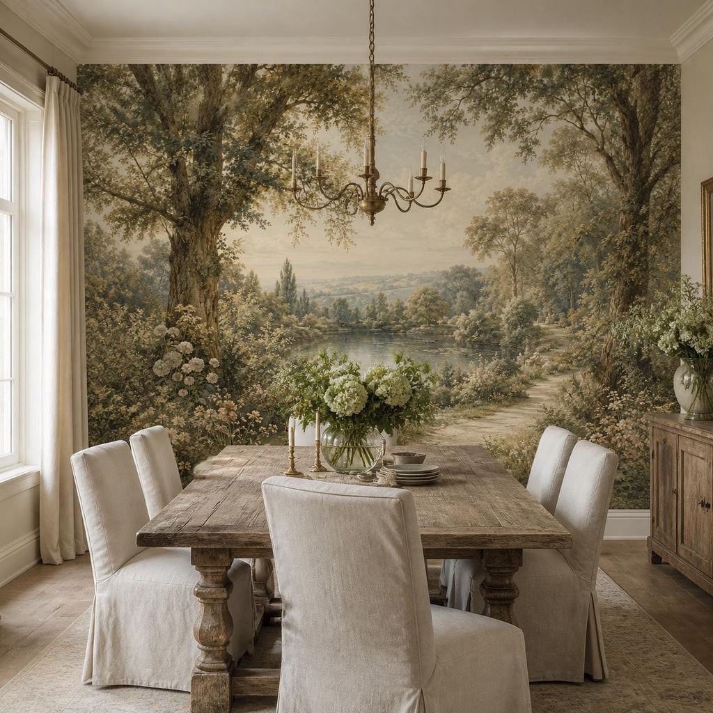 Close-up detail of vintage landscape wallpaper with pastoral mural texture and traditional English country illustration