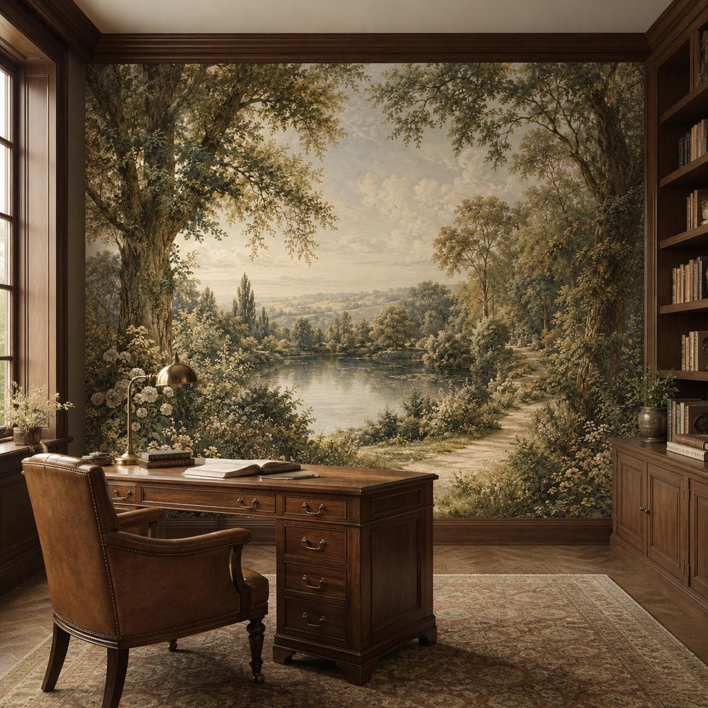 Living room styled with English country lake wall mural in quiet luxury neutral tones and cottagecore decor