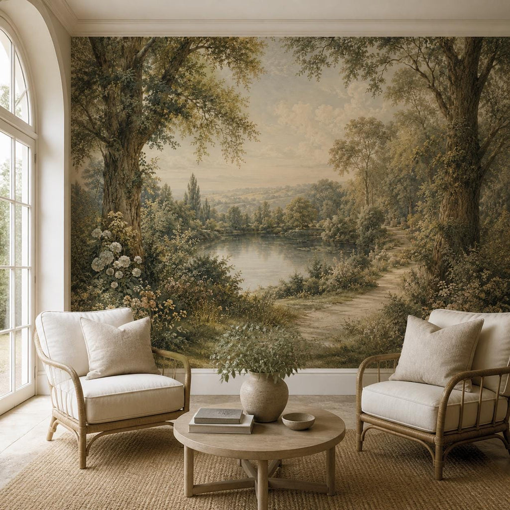 Full wall view of cottagecore peel and stick wallpaper showing expansive vintage pastoral lake and garden scene