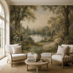 Full wall view of cottagecore peel and stick wallpaper showing expansive vintage pastoral lake and garden scene