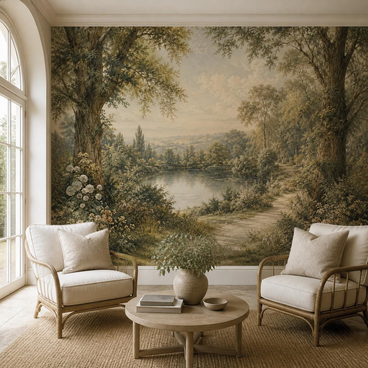Full wall view of cottagecore peel and stick wallpaper showing expansive vintage pastoral lake and garden scene
