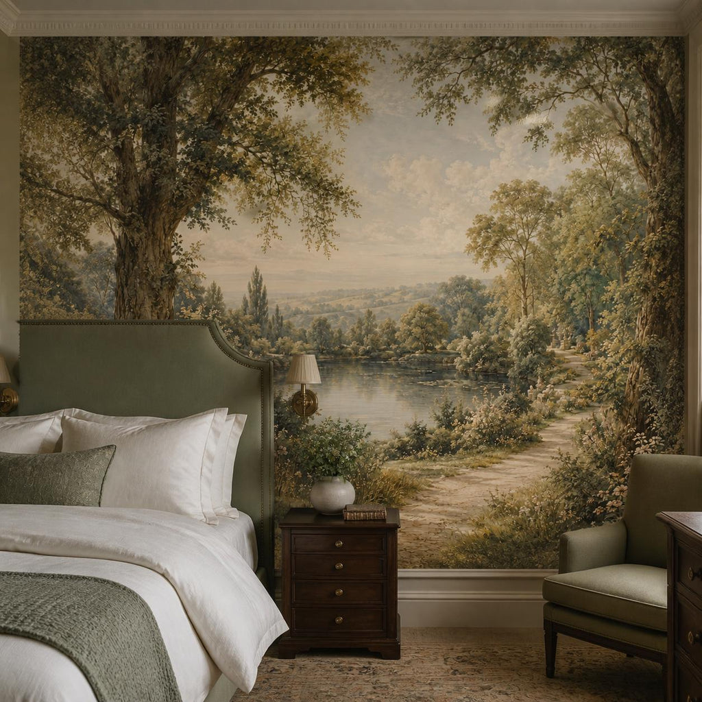 Close-up of nature wall mural texture revealing hand-painted style details in traditional English country decor