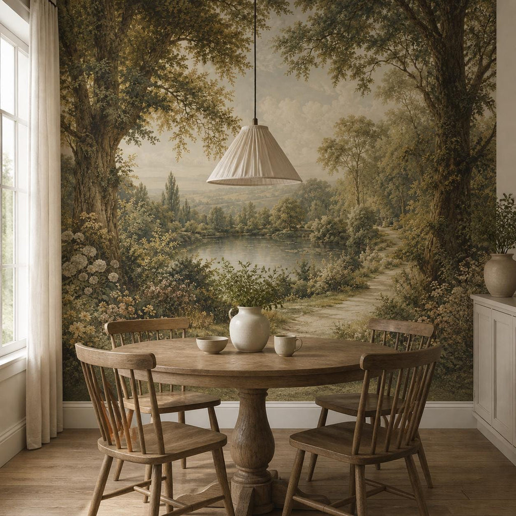 Size and scale chart for peel and stick vintage landscape wallpaper panels for country house decor planning