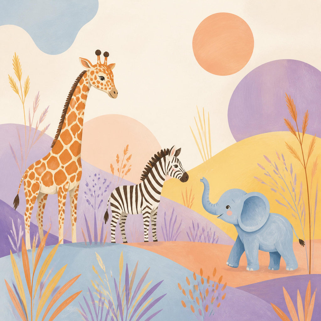 Safari nursery wallpaper mural flat view of the giraffe, zebra and elephant design with pastel hills and sun