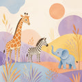 Safari nursery wallpaper mural flat view of the giraffe, zebra and elephant design with pastel hills and sun