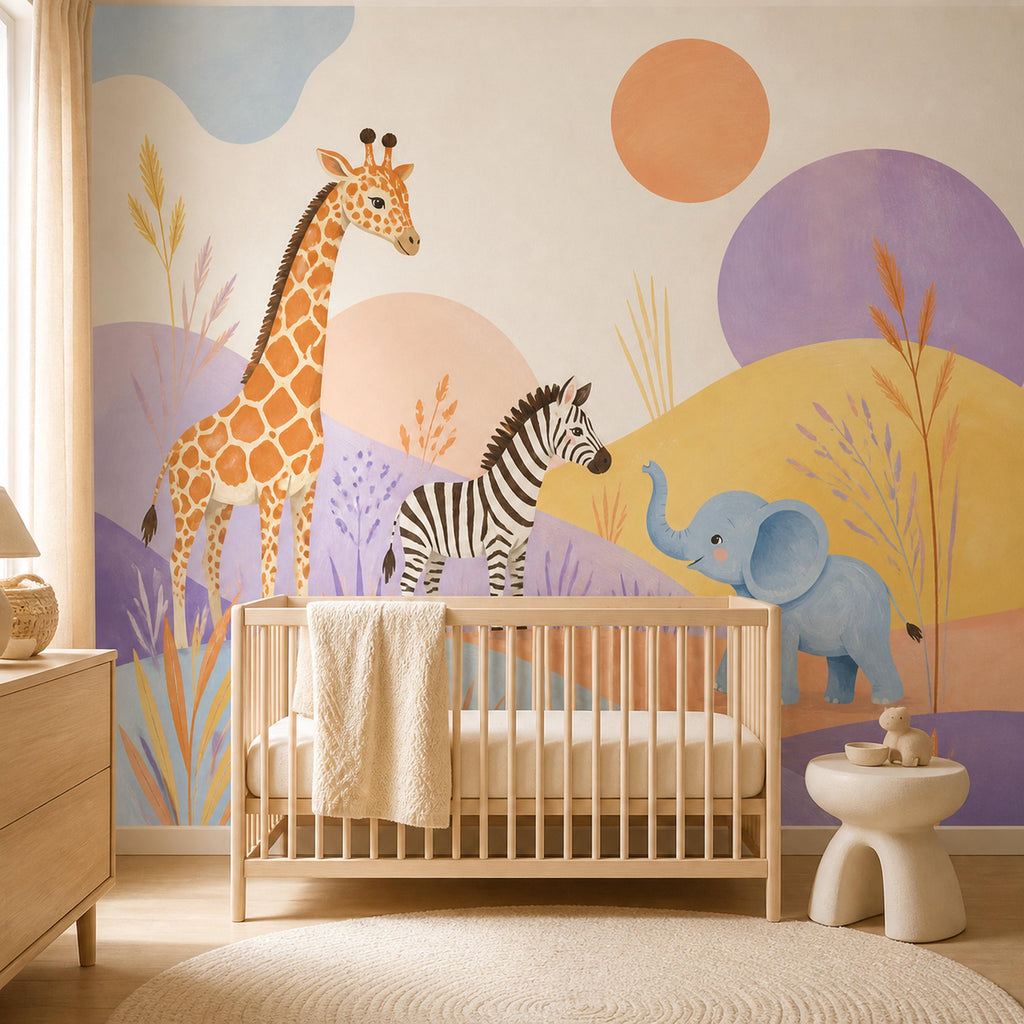 Safari nursery wallpaper mural behind a wooden crib in a nursery with a small side table