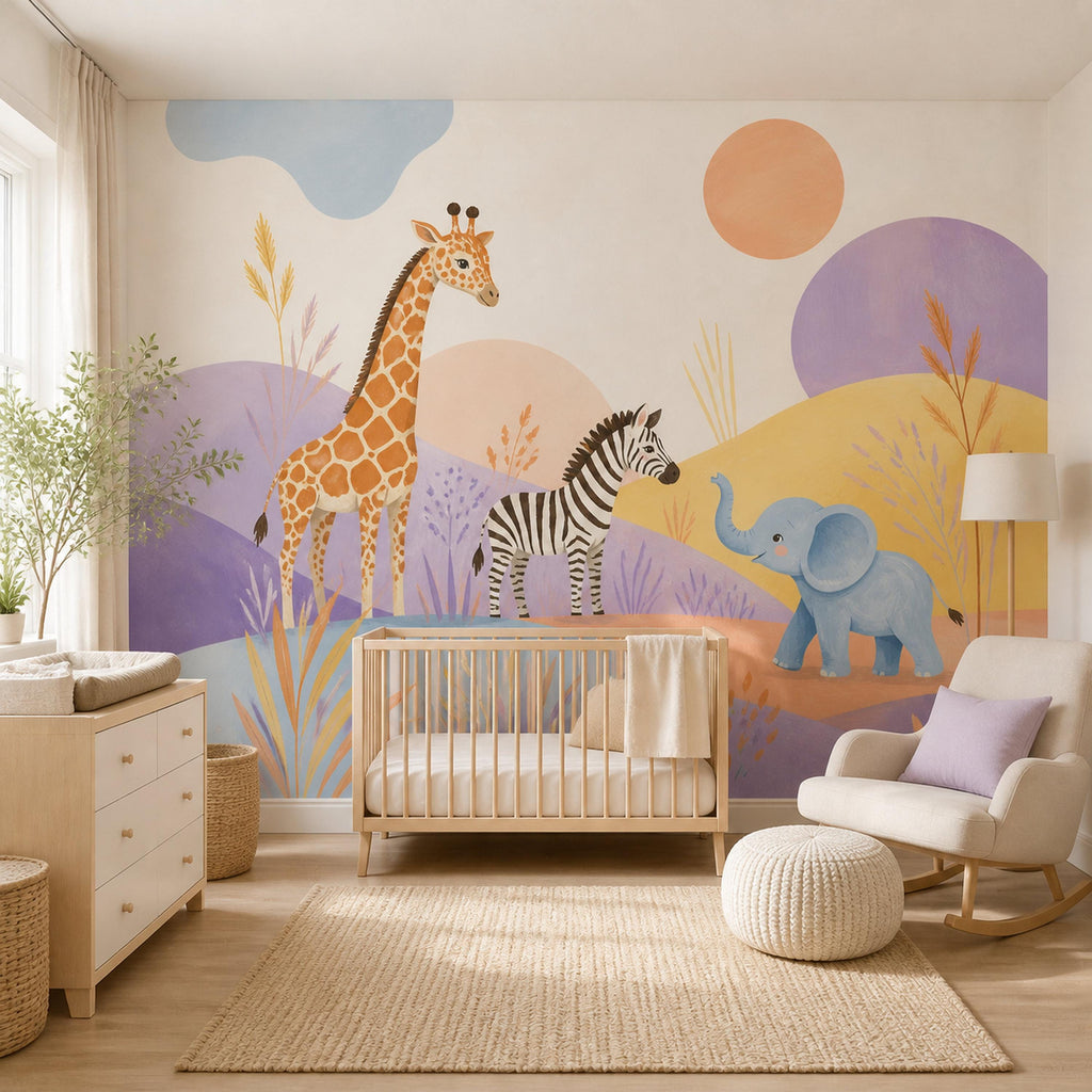 Safari nursery wallpaper mural in a nursery with a wooden crib, rocking chair and white dresser