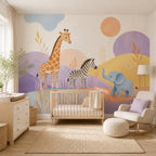 Safari nursery wallpaper mural in a nursery with a wooden crib, rocking chair and white dresser