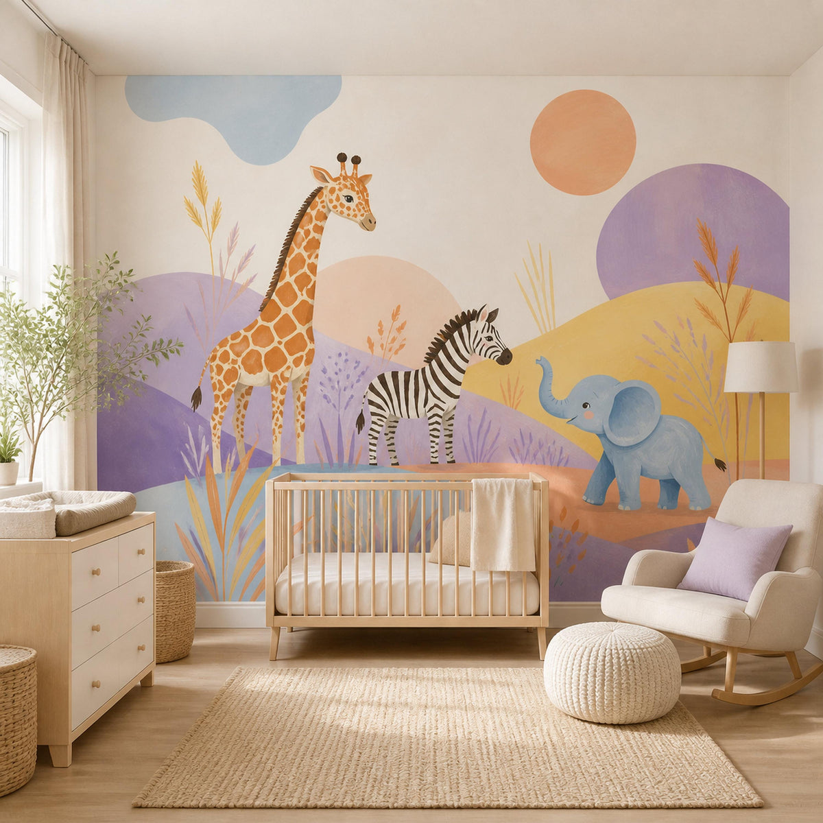 Safari nursery wallpaper mural in a nursery with a wooden crib, rocking chair and white dresser